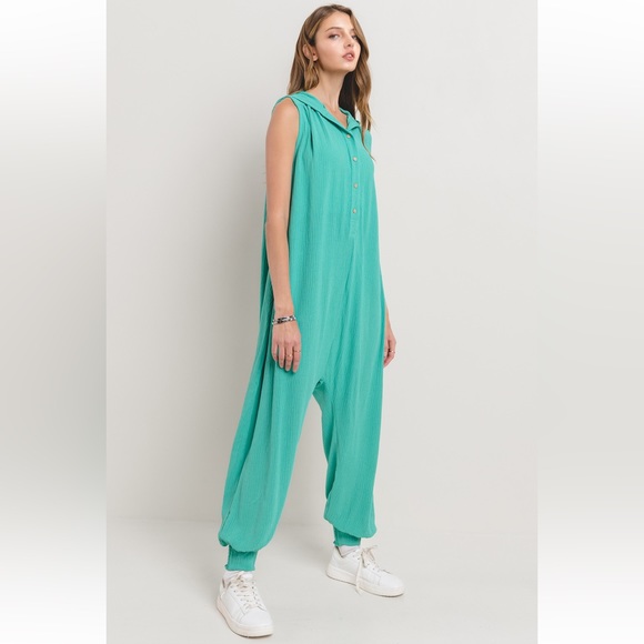 Boho Solid Button Down Harem Jumpsuit - Picture 4 of 6